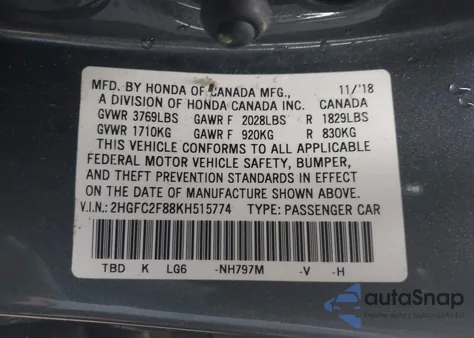 2019 Honda Civic Sport from USA, damaged, VIN 2HGFC2F88KH515774